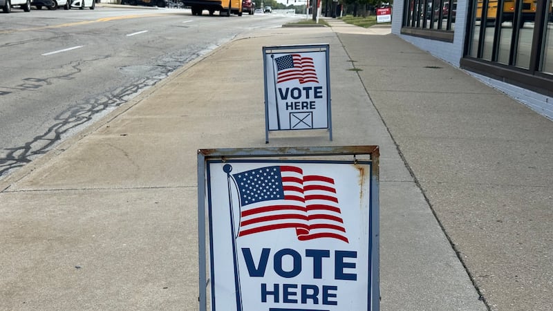 Voting signs in 2026 outside of the Macon County Illinois early voting center in Decatur.