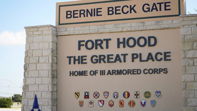 FILE - The sign at the main entrance at Fort Hood near Killeen, Texas, July 28, 2025.