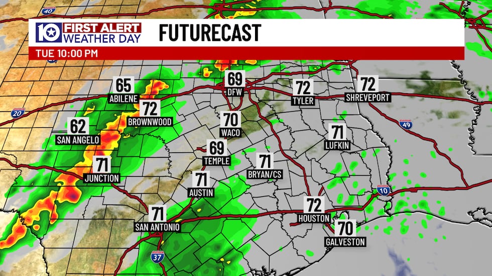 The second round of thunderstorms arrive around 10 PM and should weaken below severe storm...