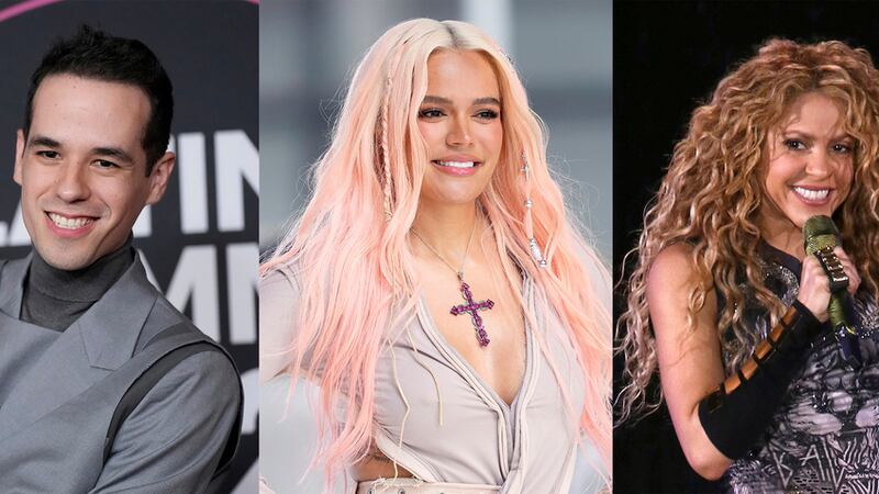 Esta combinación de fotografías muestra al productor y compositor Édgar Barrera, Karol G,...