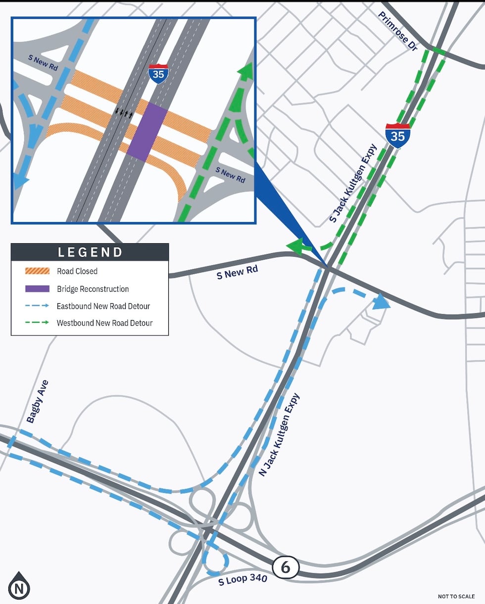 TxDOT cerrará New Road durante la noche para realizar obras en el puente de la I-35 en Waco.