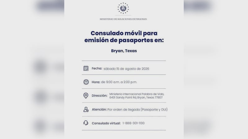 Consulado móvil de El Salvador llegará a Bryan-College Station el 15 de agosto