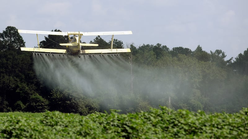 FILE - In this Aug. 4, 2009, file photo, a crop duster sprays a field of crops just outside...