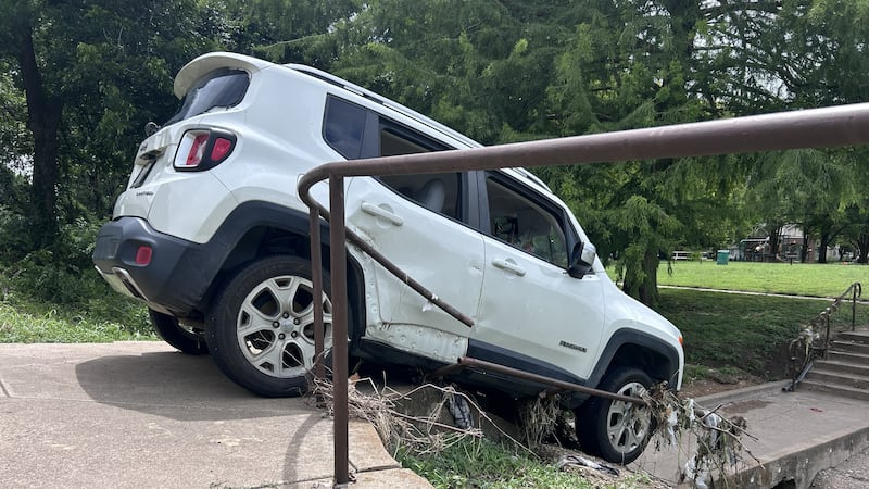 Car swept up by floods get stuck on railing, driver rescued by local resident