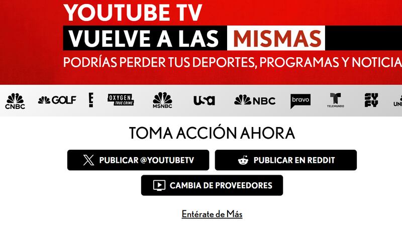 El servicio de televisión por suscripción YouTubeTV podría sacar a Telemundo de su oferta de...