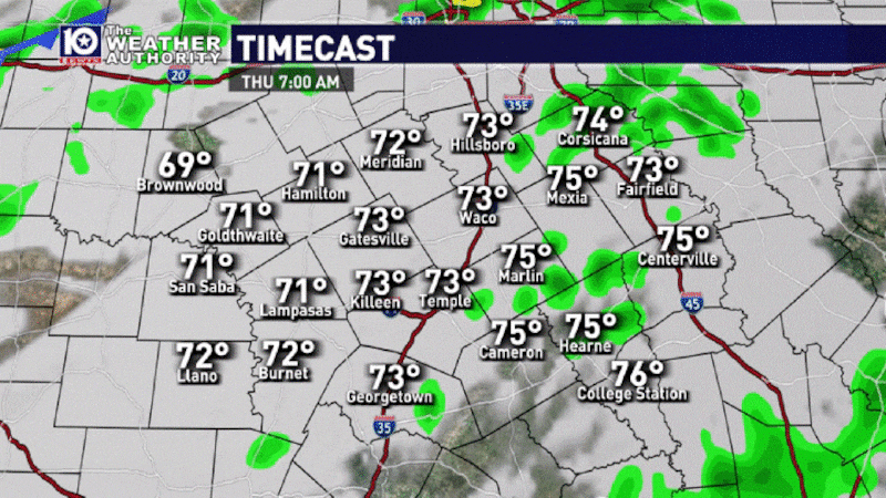 La ejecución matutina de Timecast muestra que se espera que el frente frío se mueva después de...