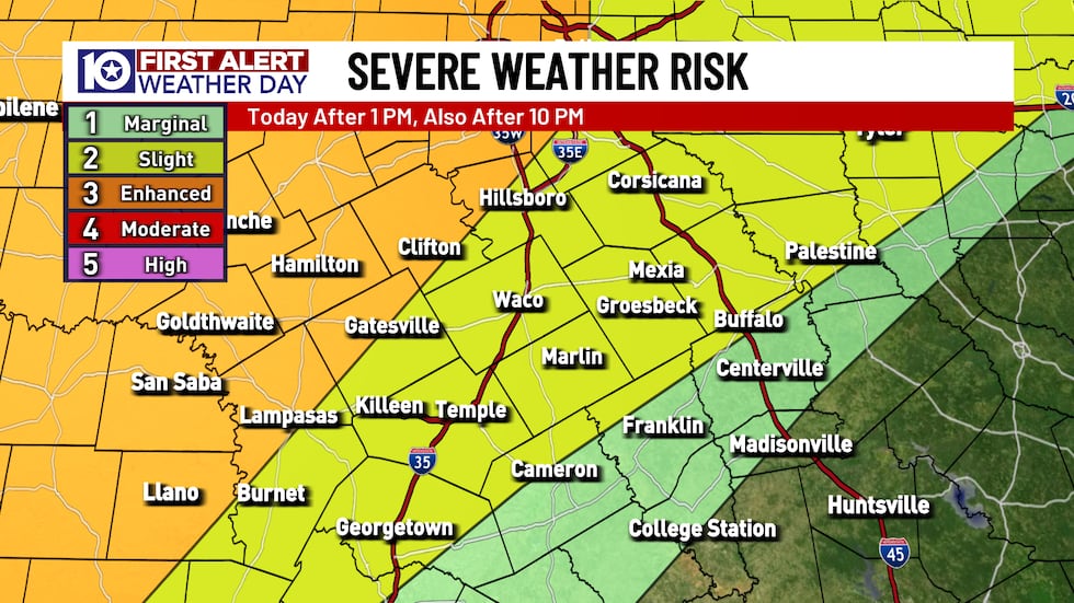 A level 3 severe weather risk is in place from Lampasas County into western Hill County...