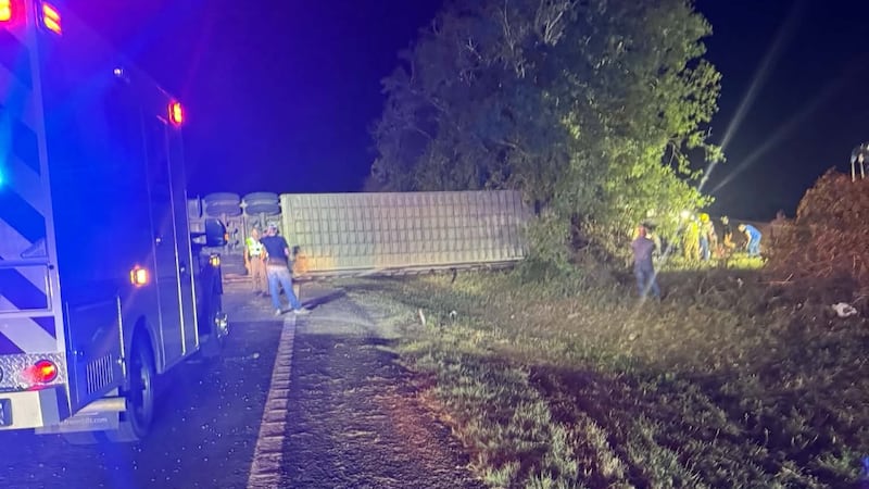 DPS reports the westbound semi veered off FM 485, rolled over, and struck a tree near Hearne...