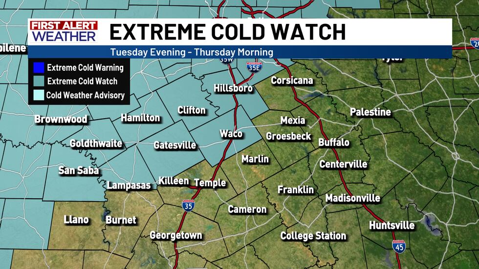 Una alerta de frío extremo está en su lugar para la mitad occidental del centro de Texas. Esta...