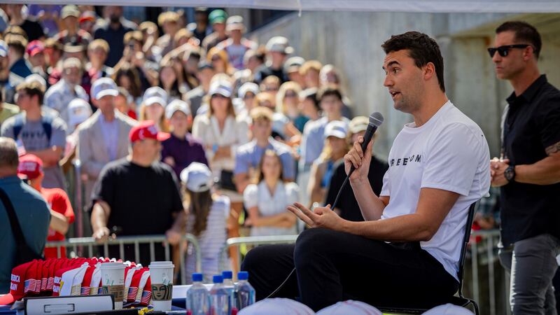 Charlie Kirk speaks before he is shot during Turning Point's visit to Utah Valley University...