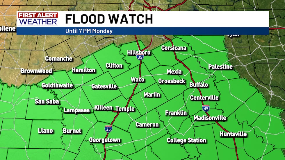 Una vigilancia de inundación está vigente hasta las 7 p.m. del lunes para todo el centro de...