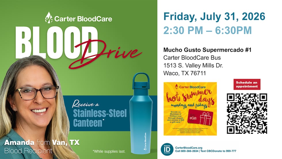 Mucho Gusto y Carter BloodCare realizarán colecta de sangre en Waco
