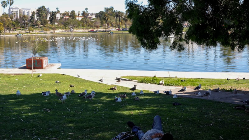 ARCHIVO - Un hombre descansa a la sombra durante un día caluroso en MacArthur Park, el 12 de...