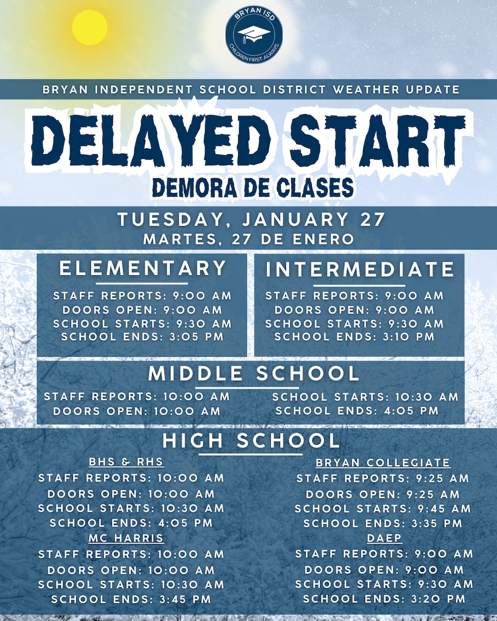 Bryan ISD anuncia el inicio de clases retrasado para el martes