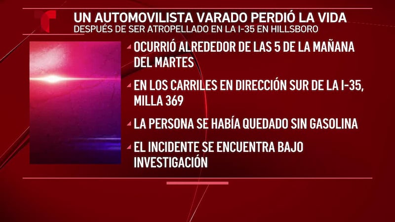 Automovilista varado muere después de ser atropellado en la I-35 en Hillsboro