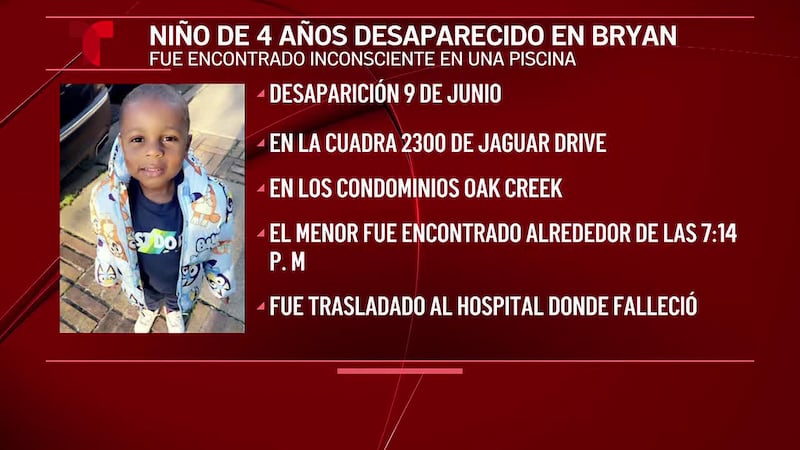 Menor de 4 años desaparecido en Bryan, fue encontrado inconsciente en una piscina; fallece en...