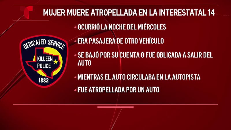 Una mujer fallece tras ser atropellada en la I-14 en Killeen; la policía busca el vehículo del...